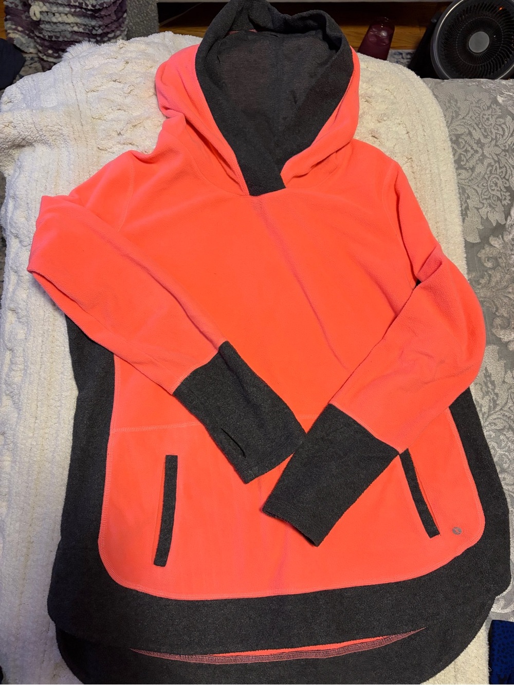 L | Neon Coral and Charcoal Hooded Pullover Fleece